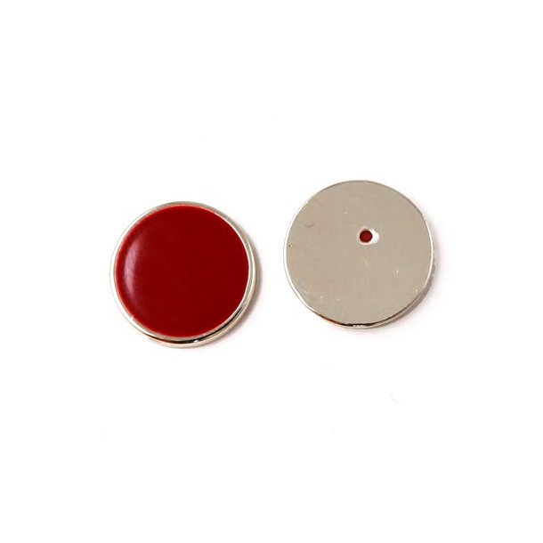 Enamel coin without hole, dark red and silver-plated, 16x2mm, 2pcs.
