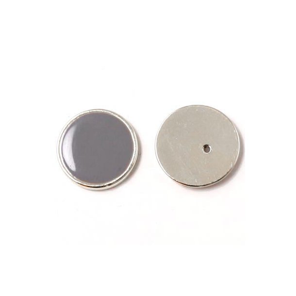 Enamel coin without hole, grey and silver-plated, 16x2mm, 2pcs.
