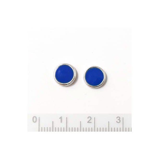 Enamel coin without hole, blue and silver-plated, 8x2mm, 2pcs.