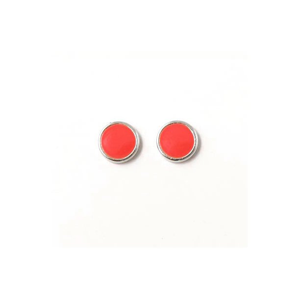 Enamel coin without hole, coral-red and silver-plated, 8x2mm, 2pcs.