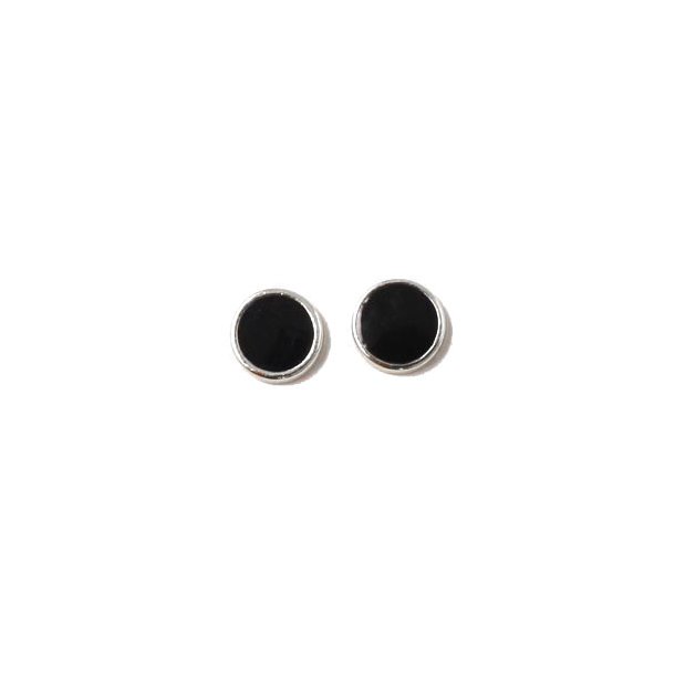 Enamel coin without hole, black and silver-plated, 8x2mm, 2pcs.