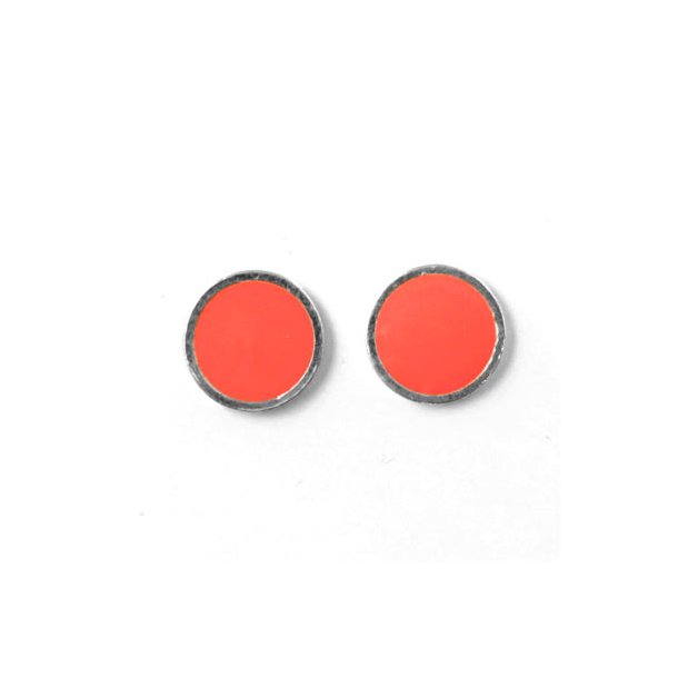 Enamel coin without hole, coral-red and silvered, 12x1.5mm, 2pcs.