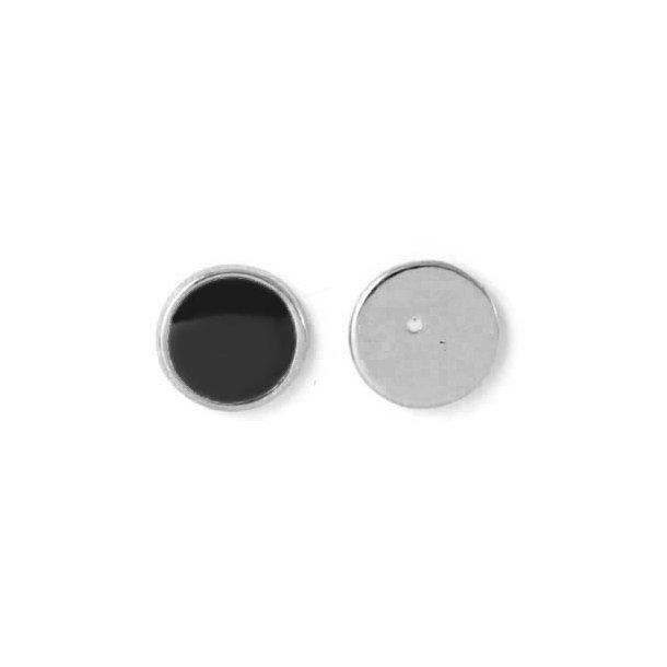 Enamel coin without hole, black and silvered, 12x1.5mm, 2pcs.