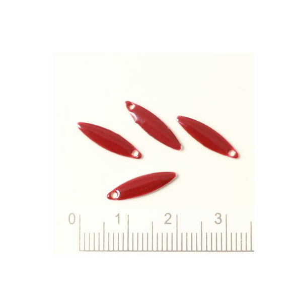 Enamel charm, dark red pointed, oval-shaped, 15x4mm, 4pcs.