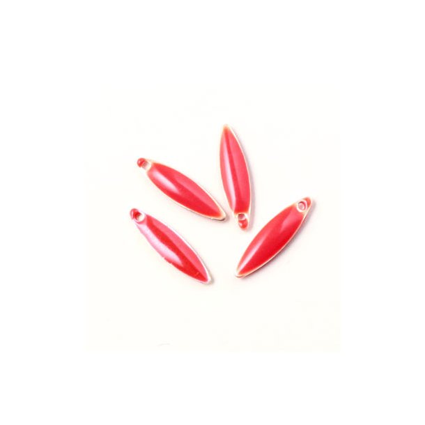 Enamel charm, red pointed, oval-shaped, 15x4mm, 4pcs.