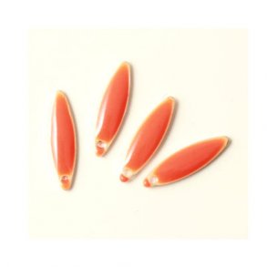 Enamel charm, reddish orange pointed, oval-shaped, 15x4mm, 4pcs.