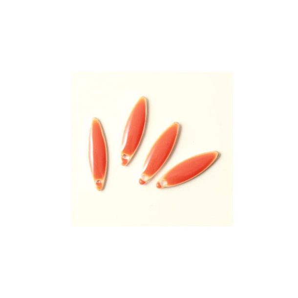 Enamel charm, reddish orange pointed, oval-shaped, 15x4mm, 4pcs.