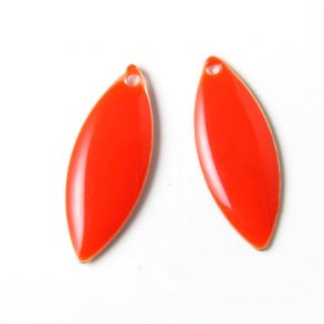 Enamel charm, reddish orange pointed, 24x10mm, 2pcs.