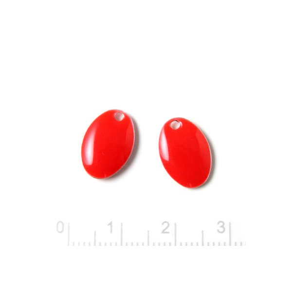 Enamel charm, red, oval-shaped, 14x9mm, 4pcs.