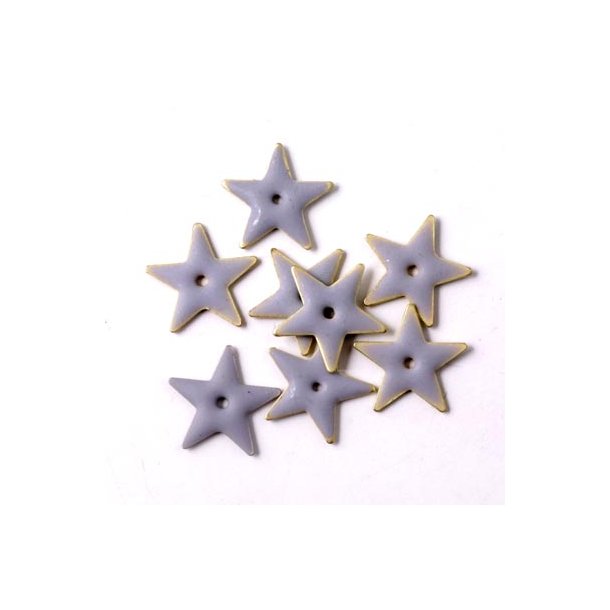 Enamel, grey star with matt finish, hole in the middle, gilded border, 12mm, 4pcs.