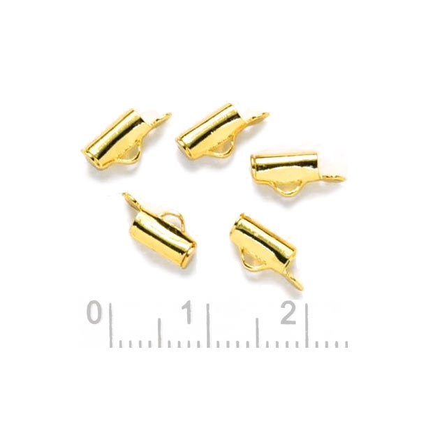 Tube cord ends for weaved bead straps, gilded brass, short, 7x3mm, 6pcs