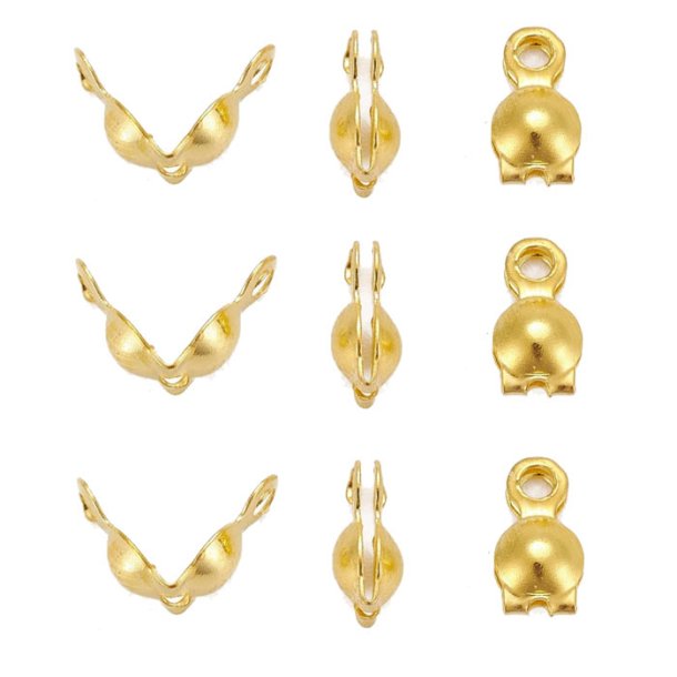 Crimp end, bead tip with 2 eyes, gold-plated brass, 4x7mm., 6pcs.