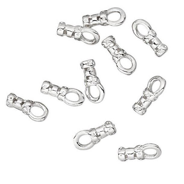 Crimp cord end with loop, silverplated brass, 6.5x2mm, hole size 1mm, 6pcs.