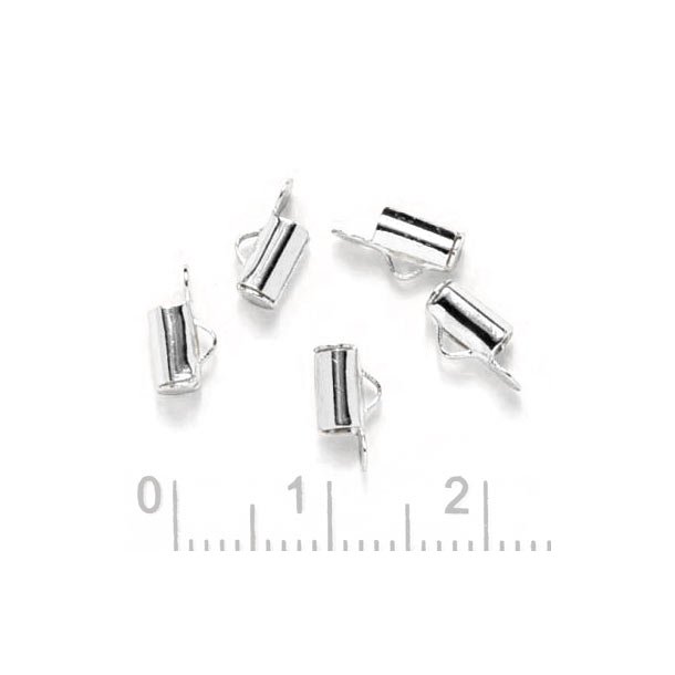 Tube cord ends for weaved bead straps, silver plated brass, short, 5,5x3mm, 6pcs