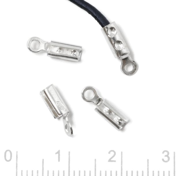 Crimp cord end, fold-over, round, silver, fits 1mm to 1,5mm cords, 2pcs