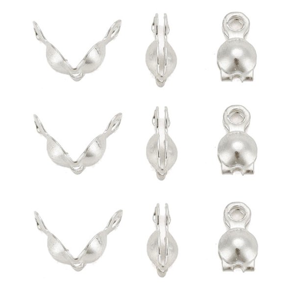Crimp cord end, bead tip with 2 eyes, silver plated brass, 4x7mm., 6pcs.