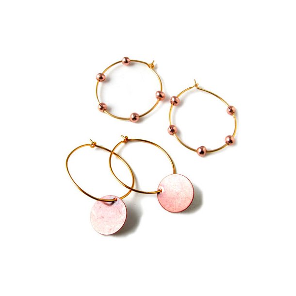 Gilded hoop earrings (2 pairs) with copper coins and 1 pair with copper crimp covers.