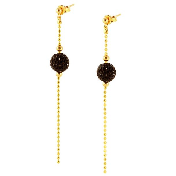 Elegante, vergoldete Ohrringe mit Kugelkette und schwarzen, kristallbesetzten Perlen. Gesamtlnge 80 mm, 1 Paar