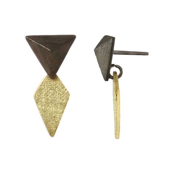 Oxidised silver triangle earstuds with brushed gilded diamonds