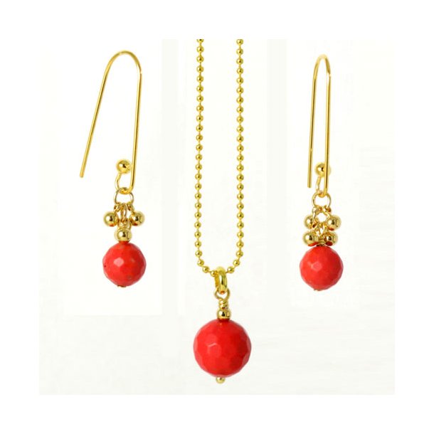 Gilded set, earrings and necklace with coral and round bead pendant. Click for materials.