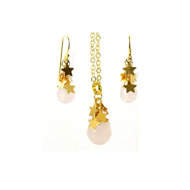 Vergoldete Silber-Ohrringe mit Sternen und Rosequarzperlen, Halskette aus senkette.