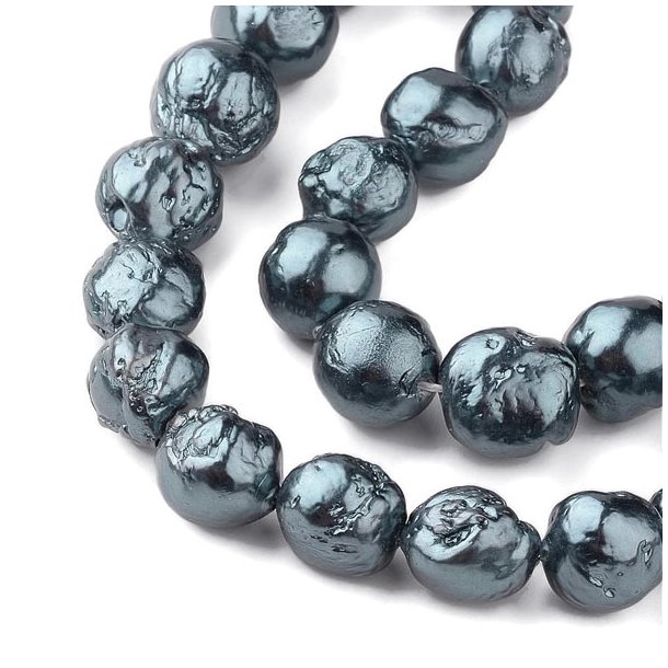 Freshwater pearl, dark blue-greyish metallic, round, Keshi style, ca. 12x13 mm, 2pcs