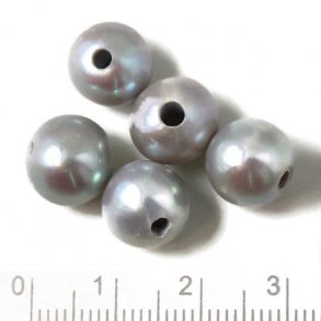 Fershwaterpearl, silvery grey, round, 9 mm, large 1,2mm hole, 4pcs