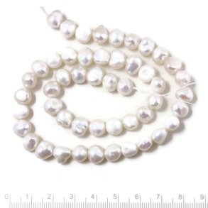 Ferskvandsperle, hel streng, barok hvid, 8x9x7 mm, A-grade, ca. 48 stk