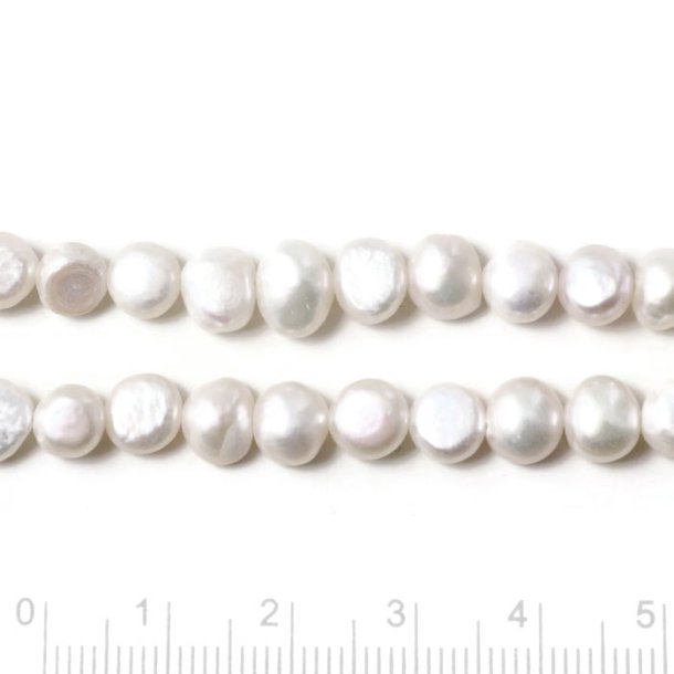 Freshwater pearl, baroque, white, ca. 6x7mm, A-grade, 6 pcs