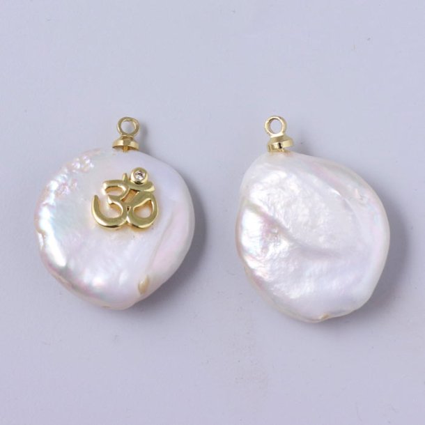 S&uuml;&szlig;wasserperlen-Anhang, Ohm m. Zirkon, wei&szlig;, Messing vergoldet, ca. 20x14x8 mm, 1 Stck