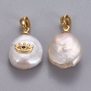 Swasserperlen-Anhang, Auge m. Zirkon, wei, Messing vergoldet, ca. 15x12x8 mm, 1 Stck