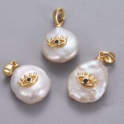 Swasserperlen-Anhang, Auge m. Zirkon, wei, Messing vergoldet, ca. 15x12x8 mm, 1 Stck