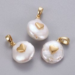 Swasserperlen-Anhang mit Herz, wei, Messing vergoldet, ca. 15-20x14x8 mm, 1 Stck