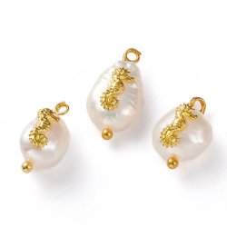 Freshwater pearl pendant with seahorse, white, gold-plated, approx. 14x9x6 mm, 1 pc