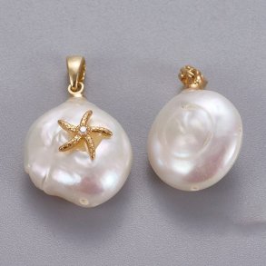 Freshwater pearl pendant, starfish with CZ, white, gold-plated brass, approx. 15x13x6 mm, 1 pc