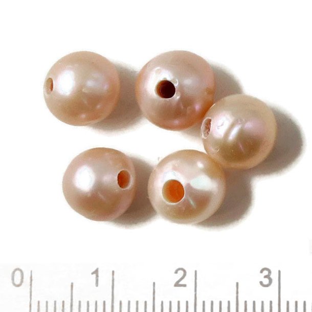 Freshwaterpearl, peach, round, 9 mm, large 2mm hole, 4pcs