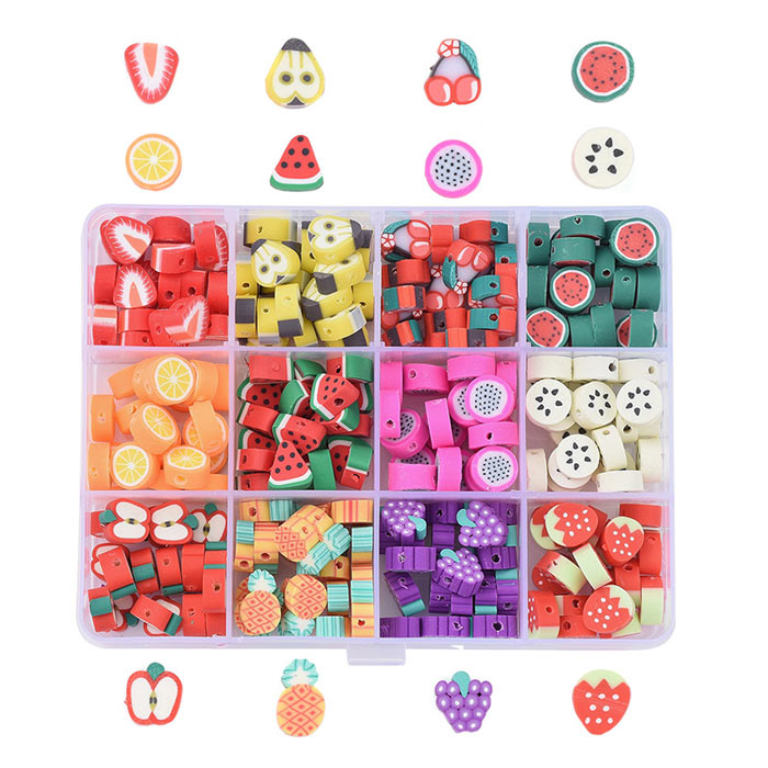 Fimo-Perlen, Mix-Box, gemischte Fruchtstücke, ca. 10x10x5 mm, ca. 240 Stck
