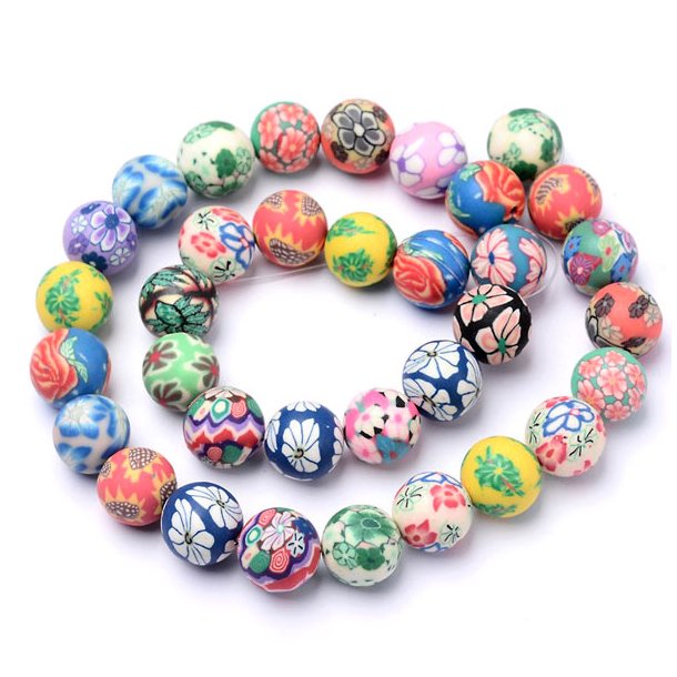Fimo beads, flower print, full strand, 12mm, mixed colours, 33pcs