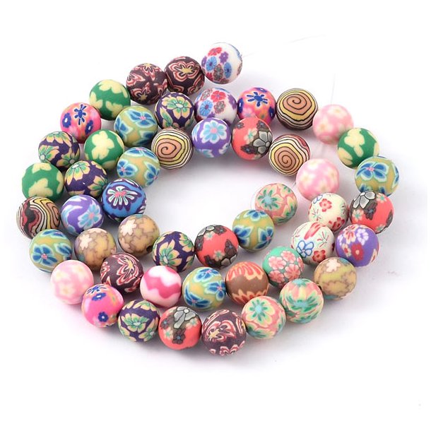 Fimo beads, full strand, round, diameter 10mm, mixed colours, 39pcs