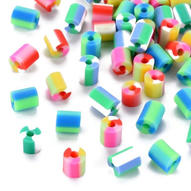 Fimo-Perlen, gestreift, Rohrf&ouml;rmig, 5x3,5-7 mm, Farb-Mix, 30 Stk.
