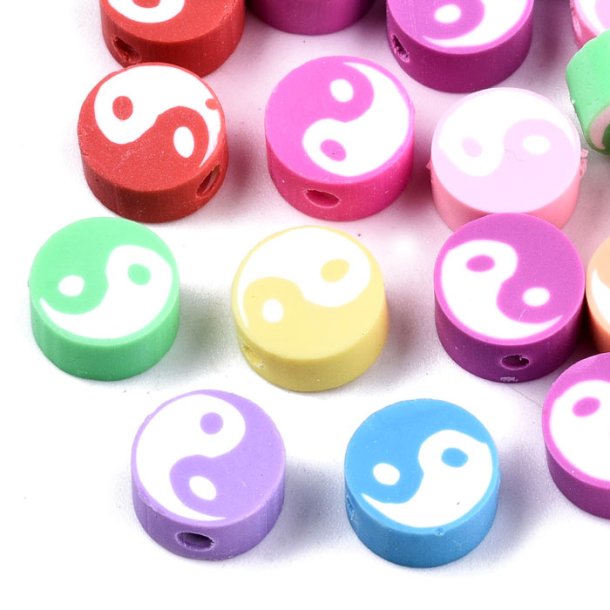 Fimo beads, mix color Yin Yang-symbols, 10x5mm, ca. 1.2mm hole, 10pcs.