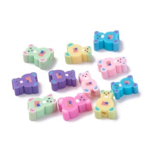  Fimo beads, bear with flag, app. 10x8x5 mm, 1.5 mm hole, mix colors, 20 pcs