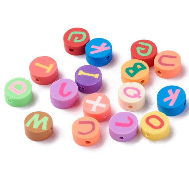 Fimo beads, mix color beads with letters, round flat, 10x5mm, 20pcs