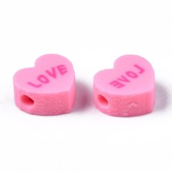 Perlen aus Fimo, pink Herz mit text LOVE, 9x8x4 mm, Loch 1,5 mm, 10 Stk.