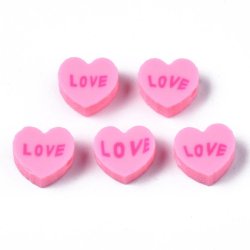 Perlen aus Fimo, pink Herz mit text LOVE, 9x8x4 mm, Loch 1,5 mm, 10 Stk.