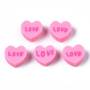 Fimo beads, pink heart with text LOVE, 9x8x4mm, 1.5mm hole, 10pcs