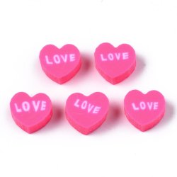 Perlen aus Fimo, hotpink Herz mit text LOVE, 9x8x4 mm, Loch 1,5 mm, 10 Stk.