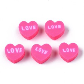 Fimo beads, hot pink heart with text LOVE, 9x8x4mm, 1.5mm hole, 10pcs