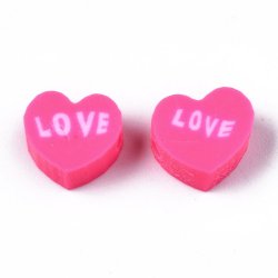 Perlen aus Fimo, hotpink Herz mit text LOVE, 9x8x4 mm, Loch 1,5 mm, 10 Stk.