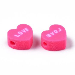 Perlen aus Fimo, hotpink Herz mit text LOVE, 9x8x4 mm, Loch 1,5 mm, 10 Stk.